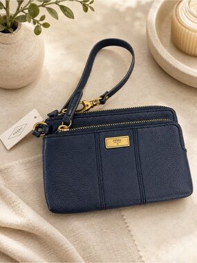 Fossil midnight Navy Wristlet dual Zip NWT